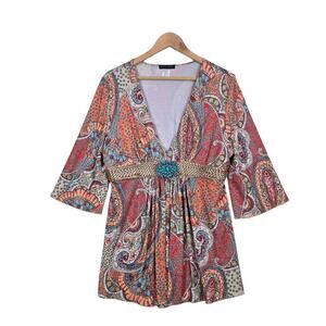 Boston Proper Paisley Tunic Top L Multicolor Turquoise Beaded Boho Festival